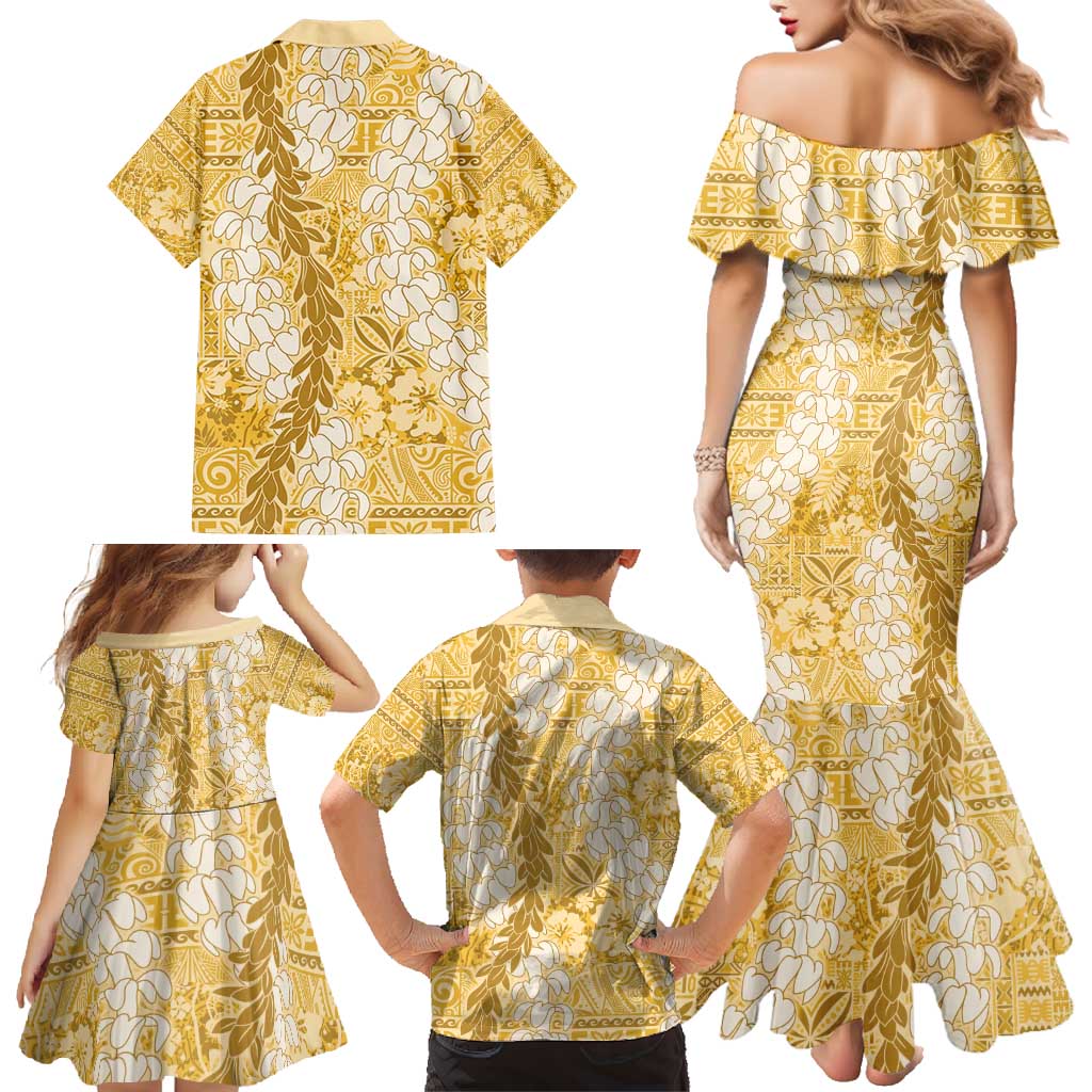 Gold Puakenikeni and Maile Lei Family Matching Mermaid Dress and Hawaiian Shirt Hawaiian Style Tribal Tapa Double Strand Lei LT9 - Polynesian Pride