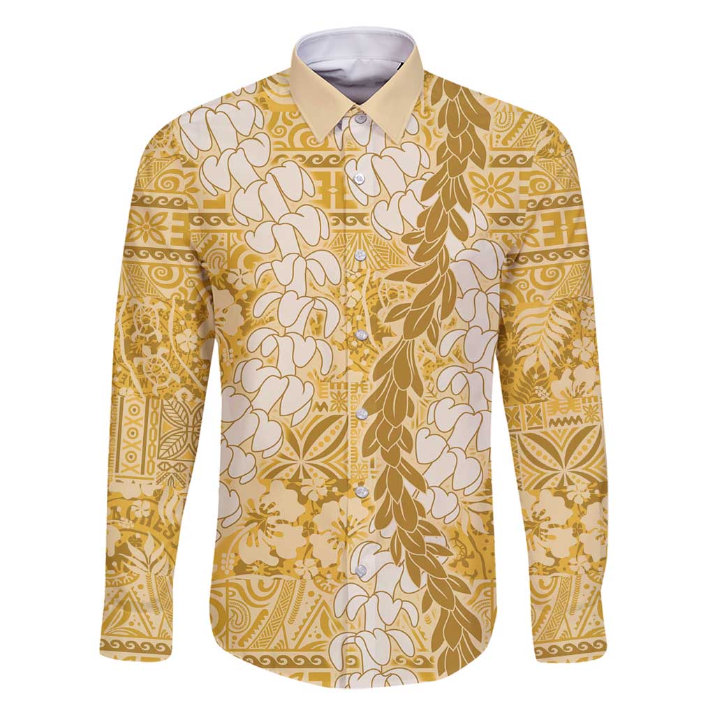 Gold Puakenikeni and Maile Lei Family Matching Mermaid Dress and Hawaiian Shirt Hawaiian Style Tribal Tapa Double Strand Lei LT9 Dad's Shirt - Long Sleeve Gold - Polynesian Pride