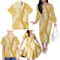 Gold Puakenikeni and Maile Lei Family Matching Off The Shoulder Long Sleeve Dress and Hawaiian Shirt Hawaiian Style Tribal Tapa Double Strand Lei LT9 - Polynesian Pride