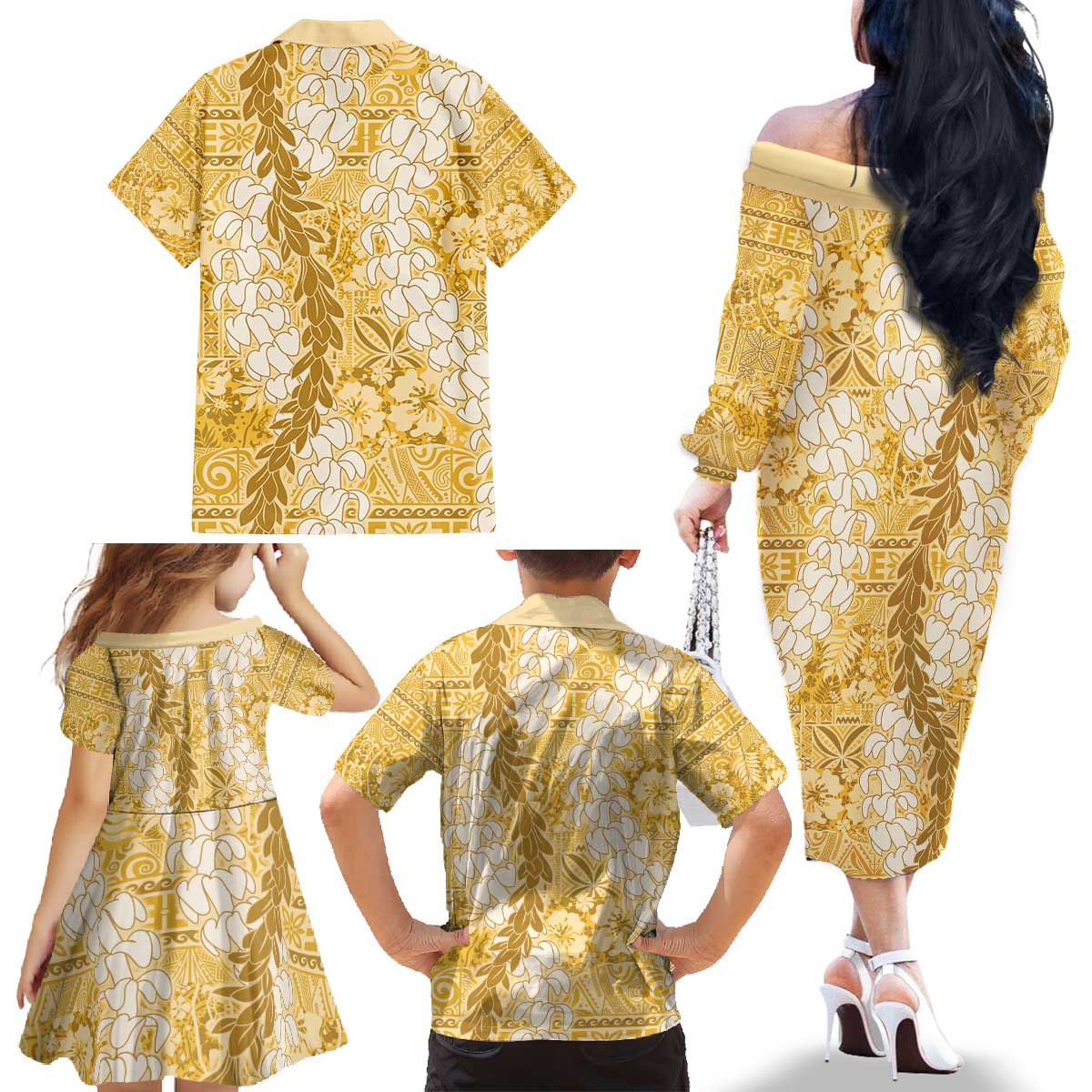 Gold Puakenikeni and Maile Lei Family Matching Off The Shoulder Long Sleeve Dress and Hawaiian Shirt Hawaiian Style Tribal Tapa Double Strand Lei LT9 - Polynesian Pride