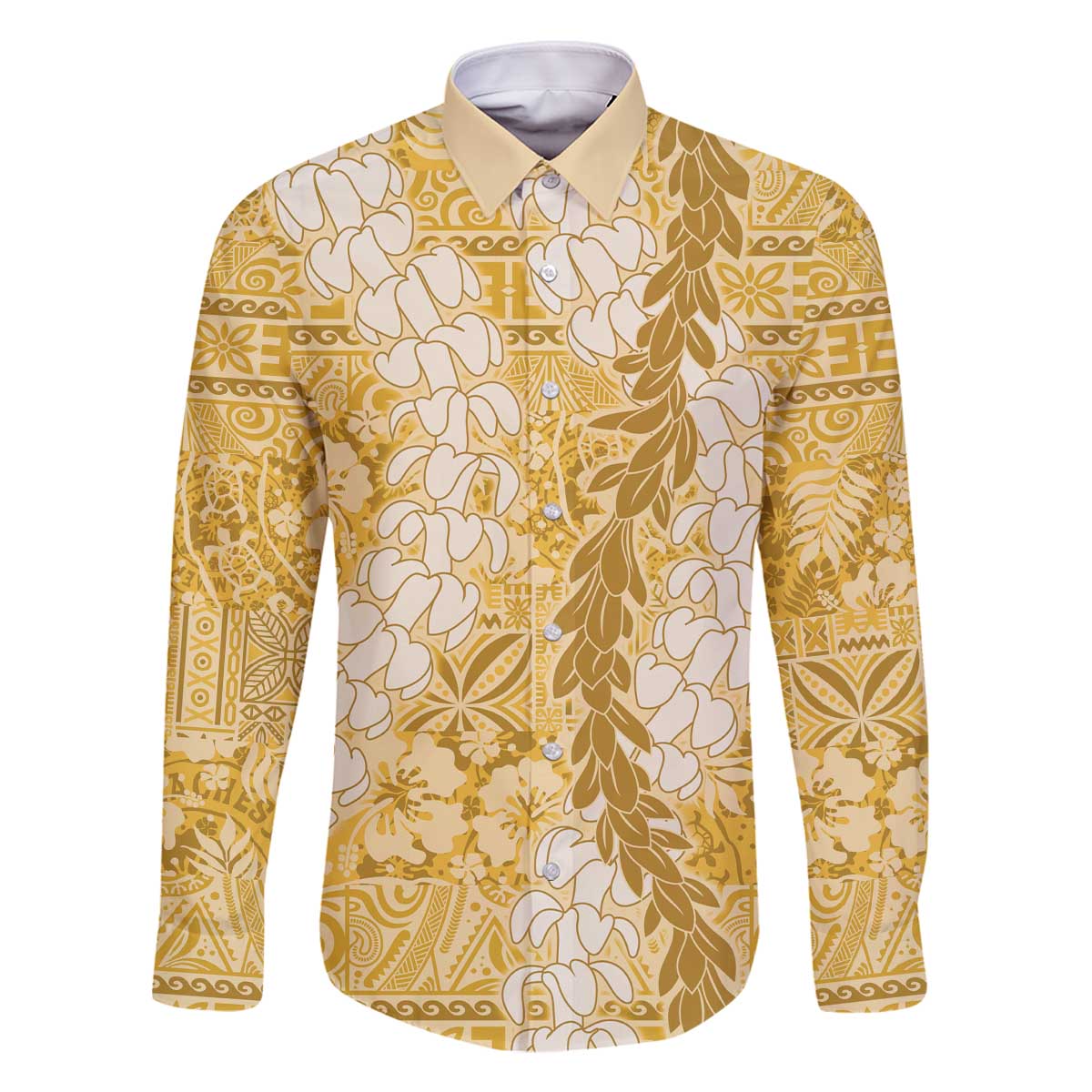 Gold Puakenikeni and Maile Lei Family Matching Off The Shoulder Long Sleeve Dress and Hawaiian Shirt Hawaiian Style Tribal Tapa Double Strand Lei LT9 Dad's Shirt - Long Sleeve Gold - Polynesian Pride