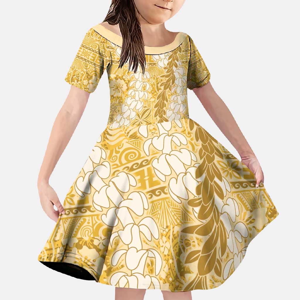 Gold Puakenikeni and Maile Lei Family Matching Off Shoulder Maxi Dress and Hawaiian Shirt Hawaiian Style Tribal Tapa Double Strand Lei LT9 Daughter's Dress Gold - Polynesian Pride