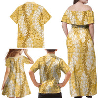 Gold Puakenikeni and Maile Lei Family Matching Off Shoulder Maxi Dress and Hawaiian Shirt Hawaiian Style Tribal Tapa Double Strand Lei LT9 - Polynesian Pride