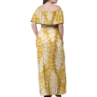Gold Puakenikeni and Maile Lei Family Matching Off Shoulder Maxi Dress and Hawaiian Shirt Hawaiian Style Tribal Tapa Double Strand Lei LT9 - Polynesian Pride