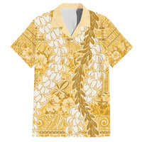 Gold Puakenikeni and Maile Lei Family Matching Off Shoulder Short Dress and Hawaiian Shirt Hawaiian Style Tribal Tapa Double Strand Lei LT9 Dad's Shirt - Short Sleeve Gold - Polynesian Pride
