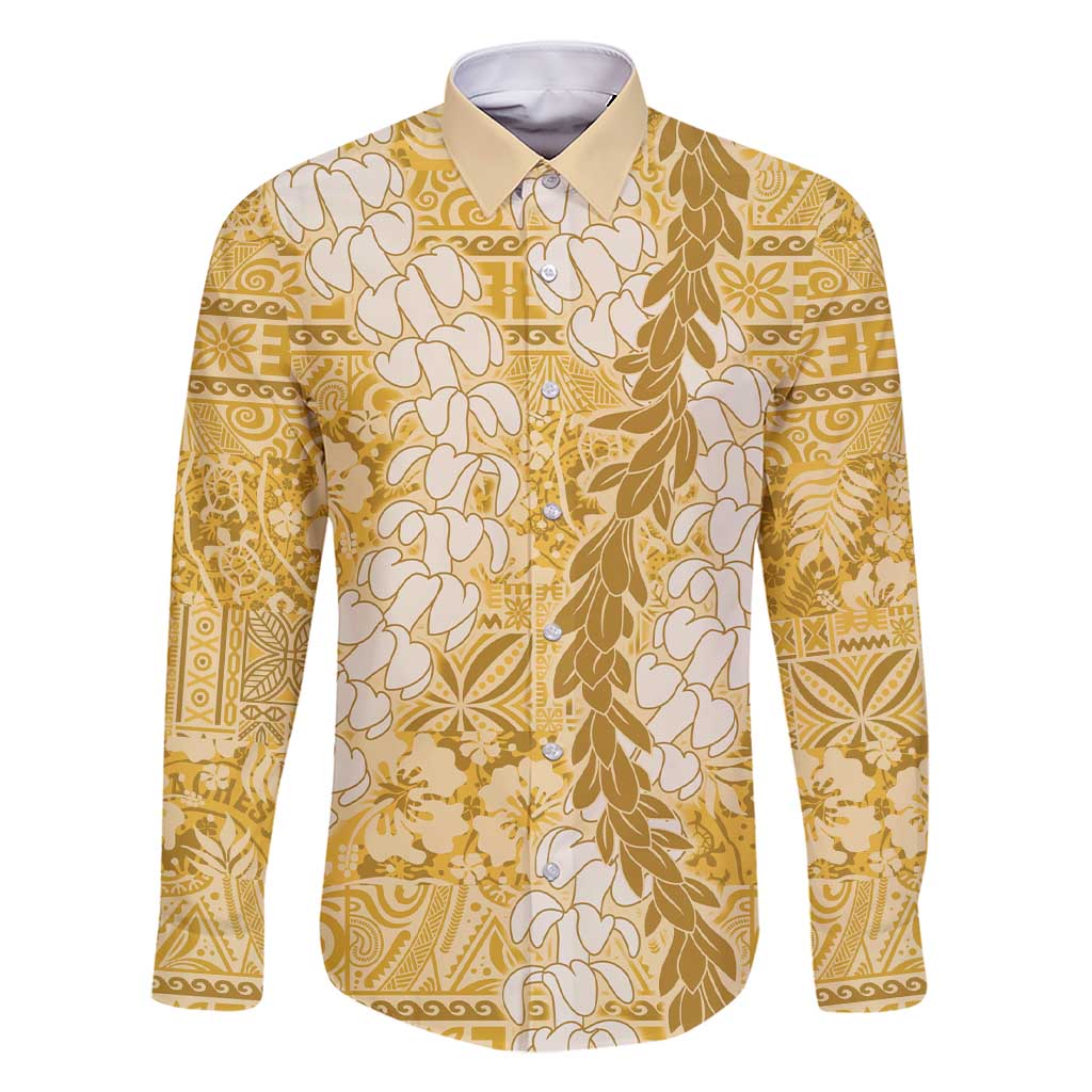 Gold Puakenikeni and Maile Lei Family Matching Short Sleeve Bodycon Dress and Hawaiian Shirt Hawaiian Style Tribal Tapa Double Strand Lei LT9 Dad's Shirt - Long Sleeve Gold - Polynesian Pride