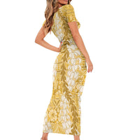 Gold Puakenikeni and Maile Lei Family Matching Short Sleeve Bodycon Dress and Hawaiian Shirt Hawaiian Style Tribal Tapa Double Strand Lei LT9 - Polynesian Pride