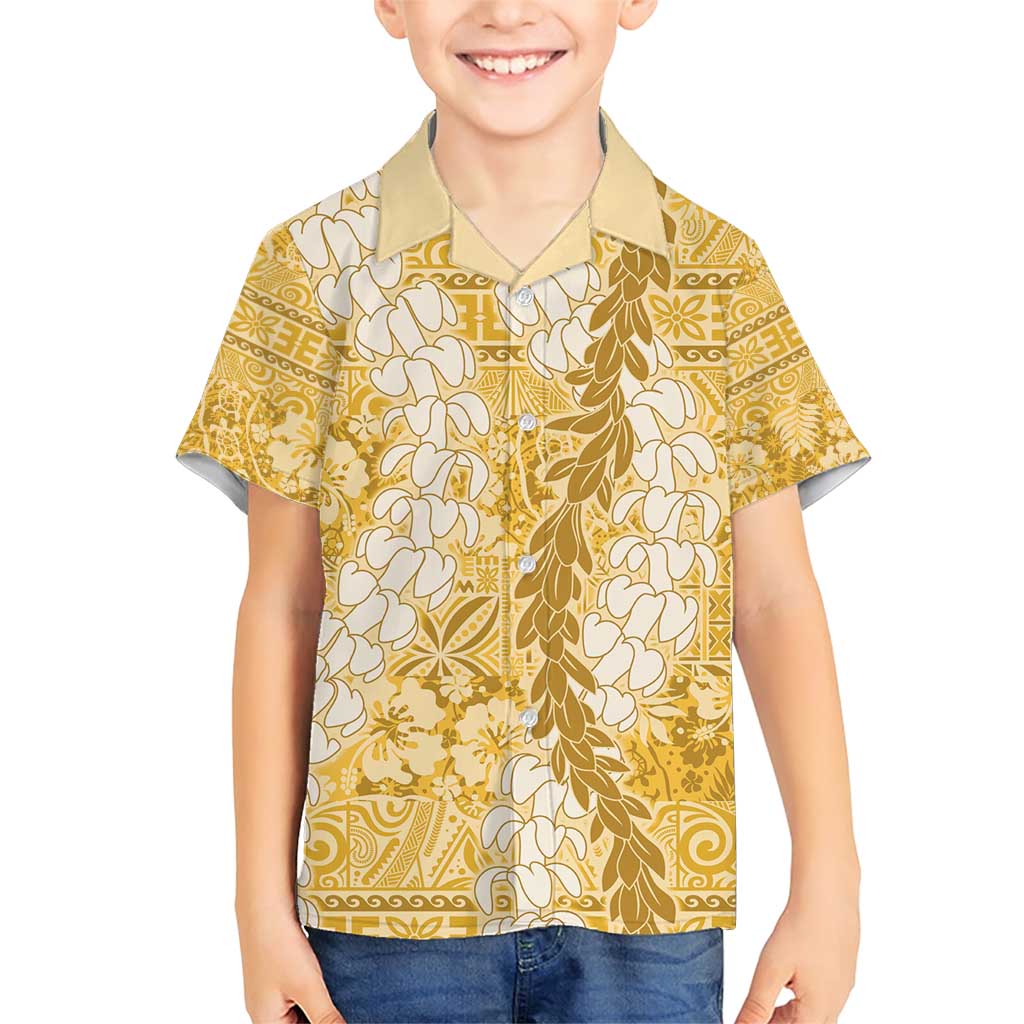 Gold Puakenikeni and Maile Lei Family Matching Short Sleeve Bodycon Dress and Hawaiian Shirt Hawaiian Style Tribal Tapa Double Strand Lei LT9 Son's Shirt Gold - Polynesian Pride