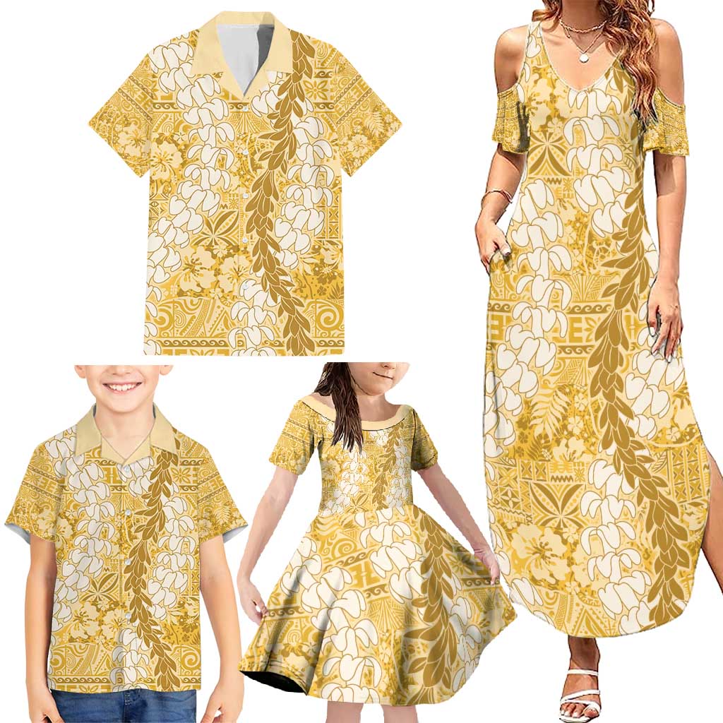 Gold Puakenikeni and Maile Lei Family Matching Summer Maxi Dress and Hawaiian Shirt Hawaiian Style Tribal Tapa Double Strand Lei LT9 - Polynesian Pride