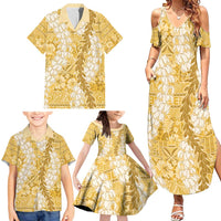 Gold Puakenikeni and Maile Lei Family Matching Summer Maxi Dress and Hawaiian Shirt Hawaiian Style Tribal Tapa Double Strand Lei LT9 - Polynesian Pride
