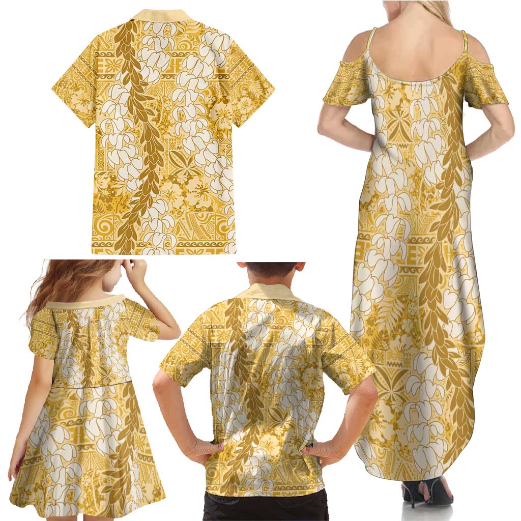 Gold Puakenikeni and Maile Lei Family Matching Summer Maxi Dress and Hawaiian Shirt Hawaiian Style Tribal Tapa Double Strand Lei LT9 - Polynesian Pride