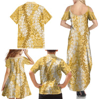 Gold Puakenikeni and Maile Lei Family Matching Summer Maxi Dress and Hawaiian Shirt Hawaiian Style Tribal Tapa Double Strand Lei LT9 - Polynesian Pride