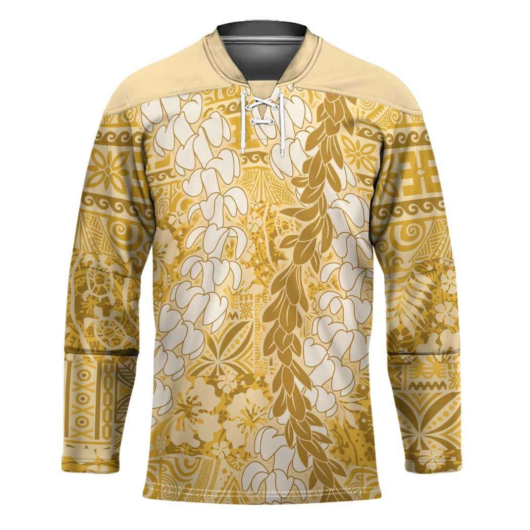 Gold Puakenikeni and Maile Lei Hockey Jersey Hawaiian Style Tribal Tapa Double Strand Lei - Polynesian Pride