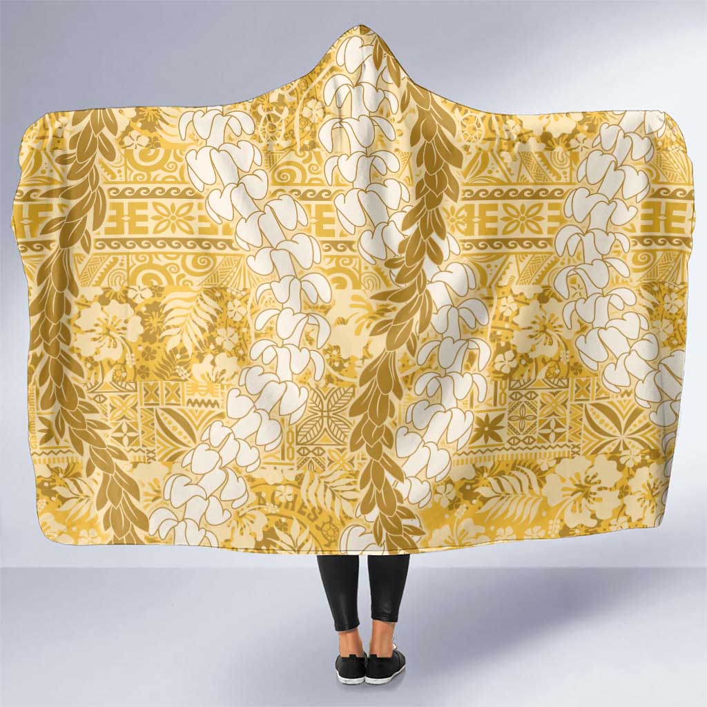 Gold Puakenikeni and Maile Lei Hooded Blanket Hawaiian Style Tribal Tapa Double Strand Lei LT9 One Size Gold - Polynesian Pride