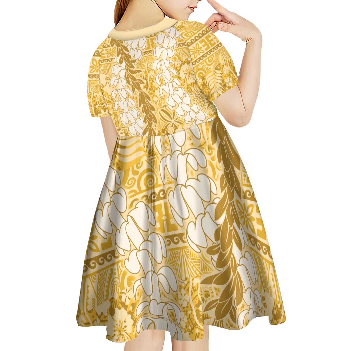 Gold Puakenikeni and Maile Lei Kid Short Sleeve Dress Hawaiian Style Tribal Tapa Double Strand Lei LT9 - Polynesian Pride