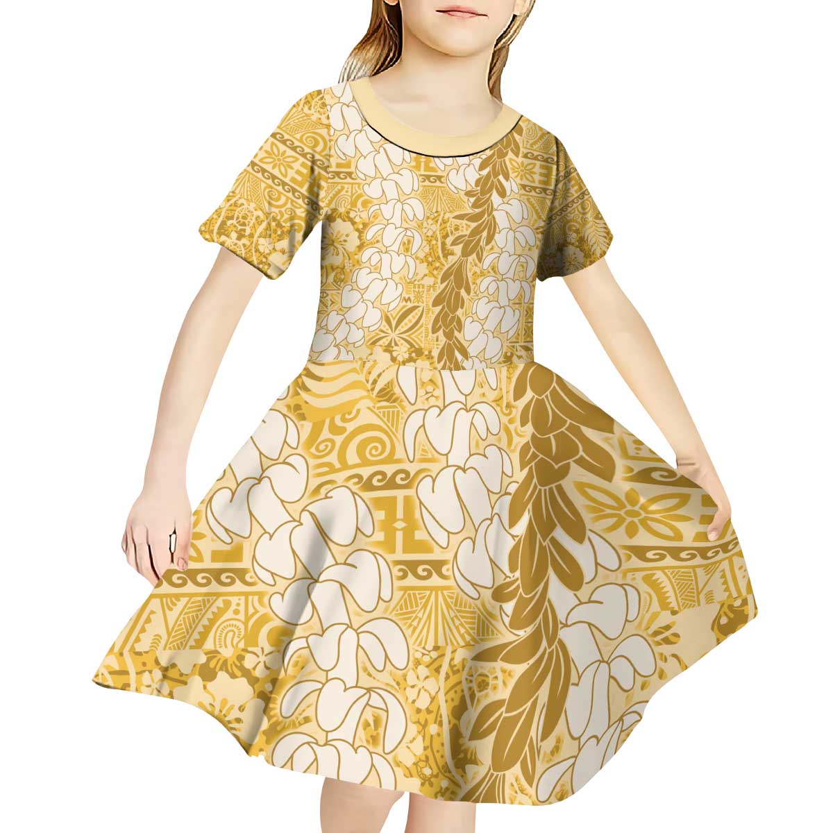 Gold Puakenikeni and Maile Lei Kid Short Sleeve Dress Hawaiian Style Tribal Tapa Double Strand Lei LT9 - Polynesian Pride