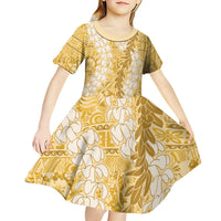 Gold Puakenikeni and Maile Lei Kid Short Sleeve Dress Hawaiian Style Tribal Tapa Double Strand Lei LT9 - Polynesian Pride