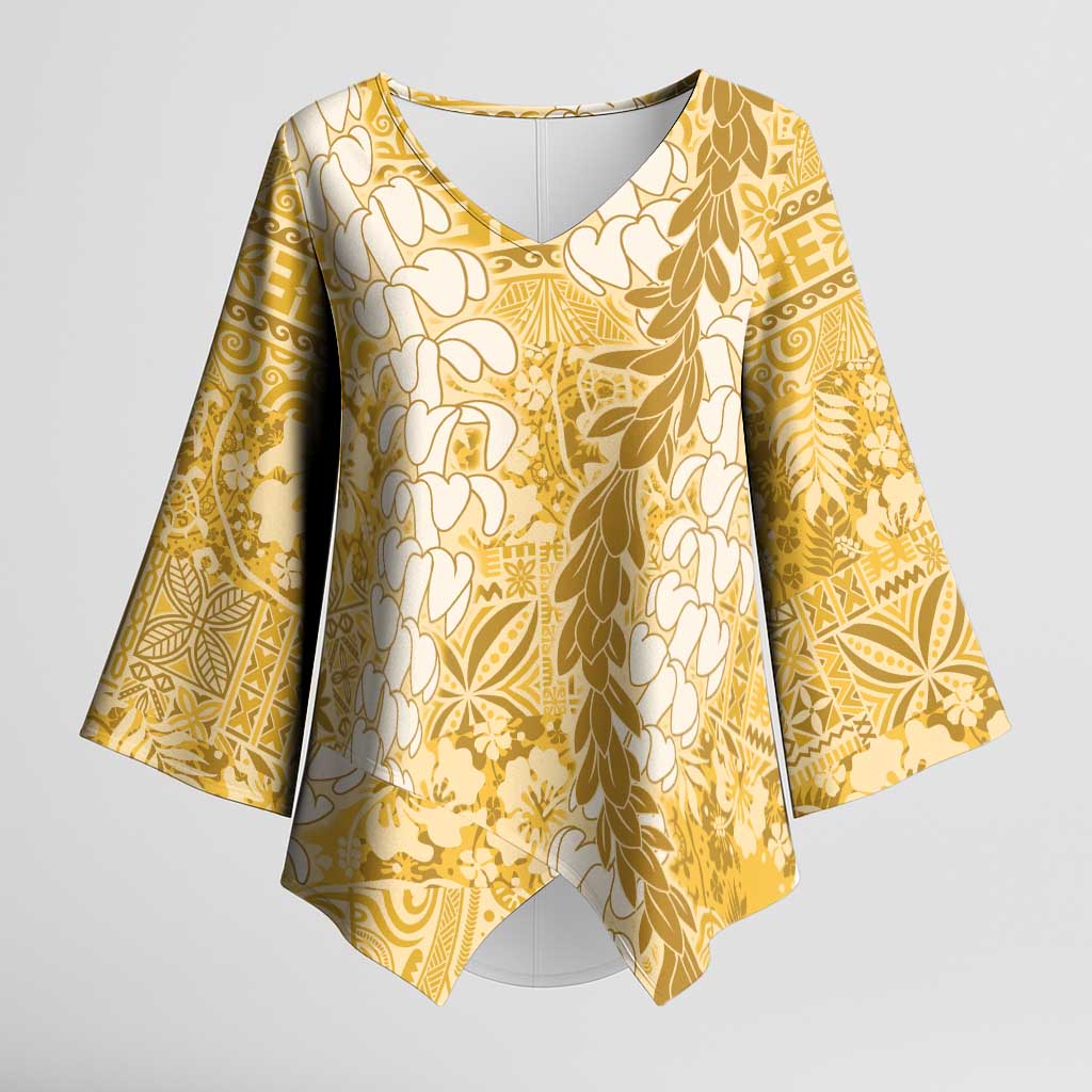 Gold Puakenikeni and Maile Lei Kimono Sleeve Blouse Hawaiian Style Tribal Tapa Double Strand Lei LT9 Female Gold - Polynesian Pride