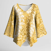 Gold Puakenikeni and Maile Lei Kimono Sleeve Blouse Hawaiian Style Tribal Tapa Double Strand Lei LT9 Female Gold - Polynesian Pride