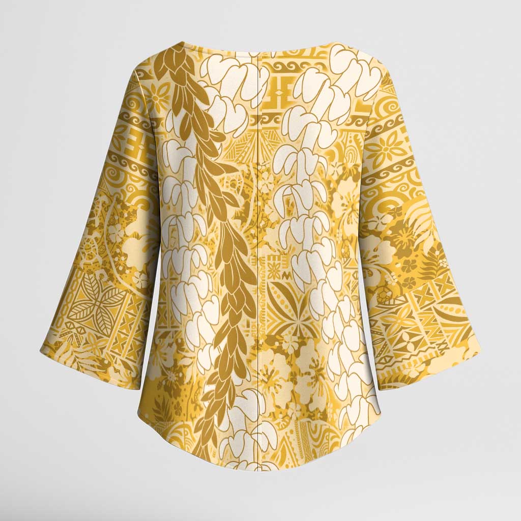 Gold Puakenikeni and Maile Lei Kimono Sleeve Blouse Hawaiian Style Tribal Tapa Double Strand Lei LT9 - Polynesian Pride