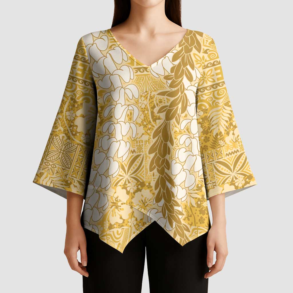 Gold Puakenikeni and Maile Lei Kimono Sleeve Blouse Hawaiian Style Tribal Tapa Double Strand Lei LT9 - Polynesian Pride