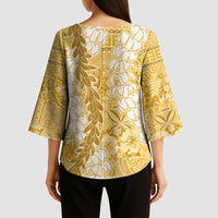 Gold Puakenikeni and Maile Lei Kimono Sleeve Blouse Hawaiian Style Tribal Tapa Double Strand Lei LT9 - Polynesian Pride