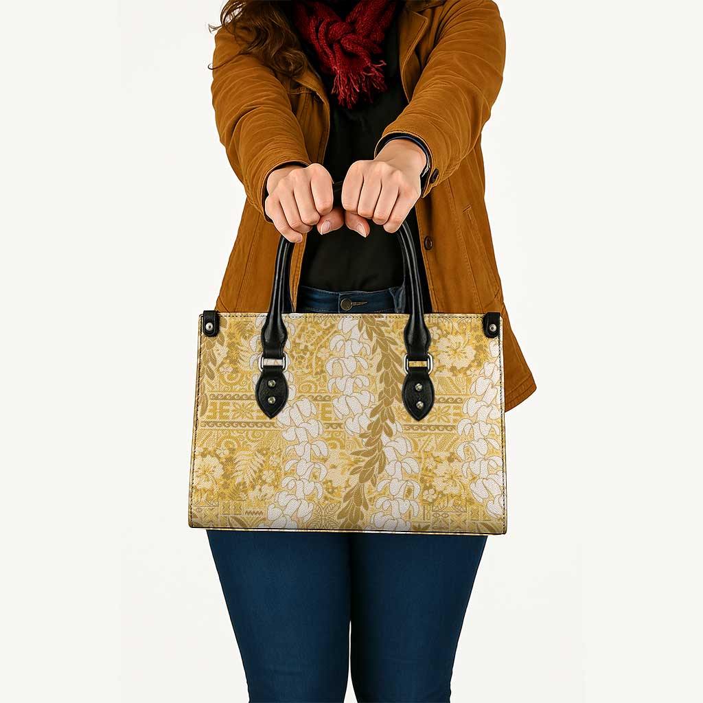 Gold Puakenikeni and Maile Lei Leather Bag Hawaiian Style Tribal Tapa Double Strand Lei LT9 - Polynesian Pride