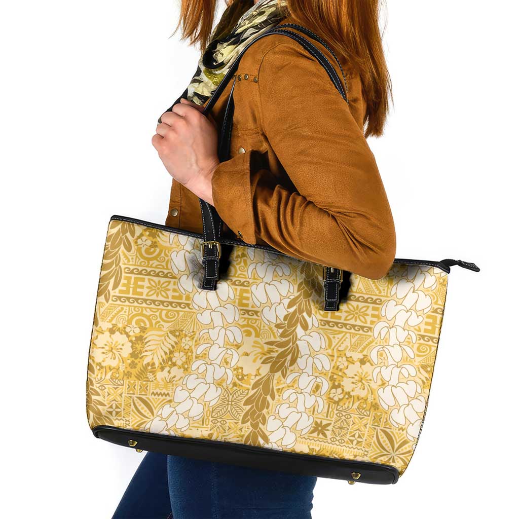 Gold Puakenikeni and Maile Lei Leather Tote Bag Hawaiian Style Tribal Tapa Double Strand Lei LT9 Gold - Polynesian Pride