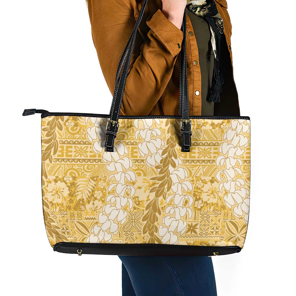 Gold Puakenikeni and Maile Lei Leather Tote Bag Hawaiian Style Tribal Tapa Double Strand Lei LT9 - Polynesian Pride