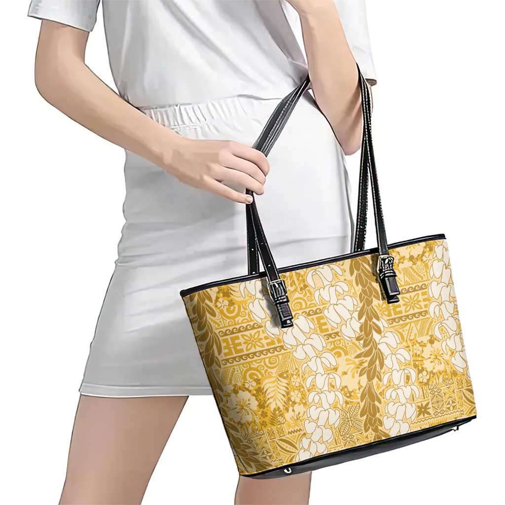 Gold Puakenikeni and Maile Lei Leather Tote Bag Hawaiian Style Tribal Tapa Double Strand Lei LT9 - Polynesian Pride