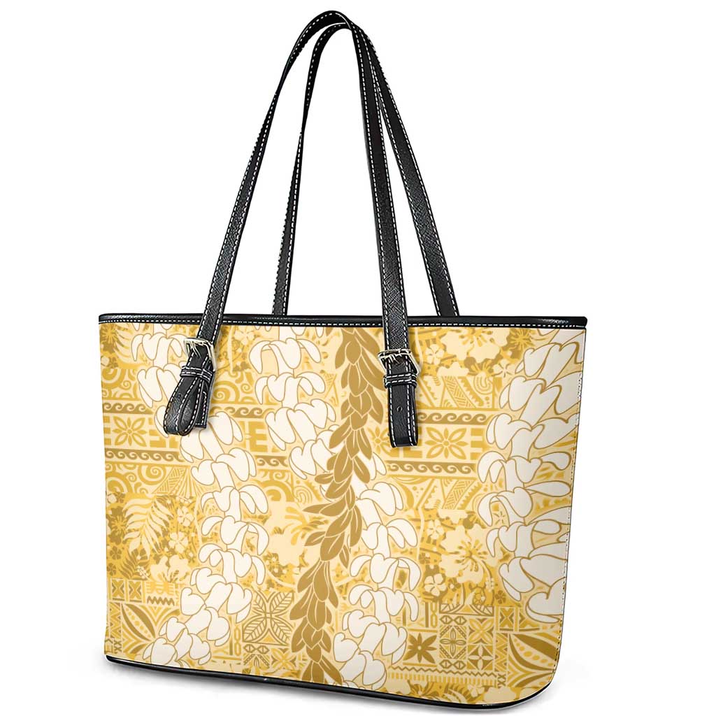 Gold Puakenikeni and Maile Lei Leather Tote Bag Hawaiian Style Tribal Tapa Double Strand Lei LT9 - Polynesian Pride