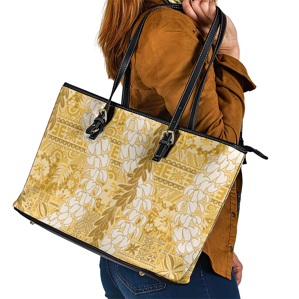 Gold Puakenikeni and Maile Lei Leather Tote Bag Hawaiian Style Tribal Tapa Double Strand Lei LT9 - Polynesian Pride