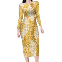 Gold Puakenikeni and Maile Lei Long Sleeve Bodycon Dress Hawaiian Style Tribal Tapa Double Strand Lei LT9 Long Dress Gold - Polynesian Pride