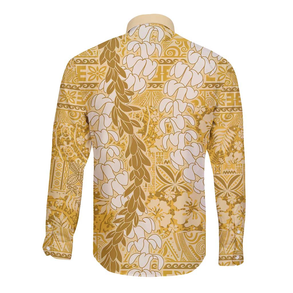 Gold Puakenikeni and Maile Lei Long Sleeve Button Shirt Hawaiian Style Tribal Tapa Double Strand Lei LT9 - Polynesian Pride