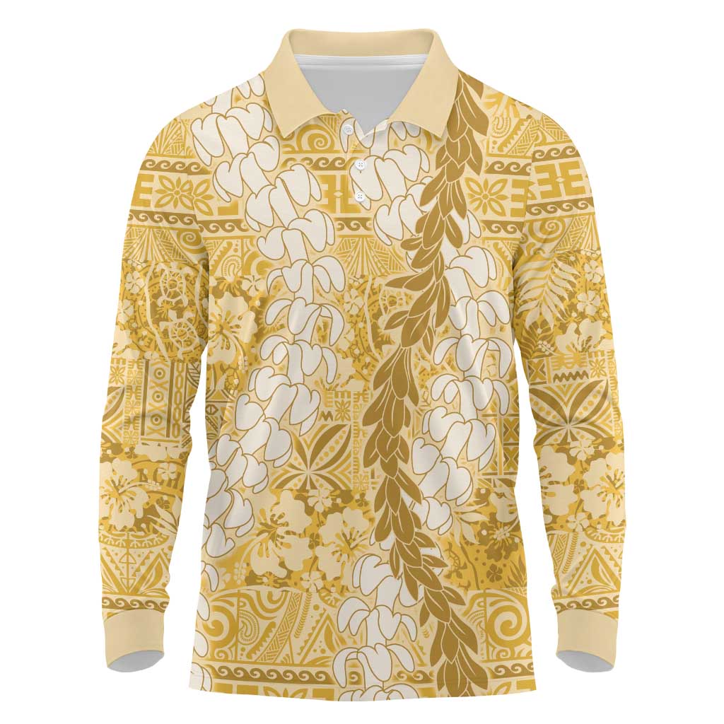 Gold Puakenikeni and Maile Lei Long Sleeve Polo Shirt Hawaiian Style Tribal Tapa Double Strand Lei LT9 Gold - Polynesian Pride