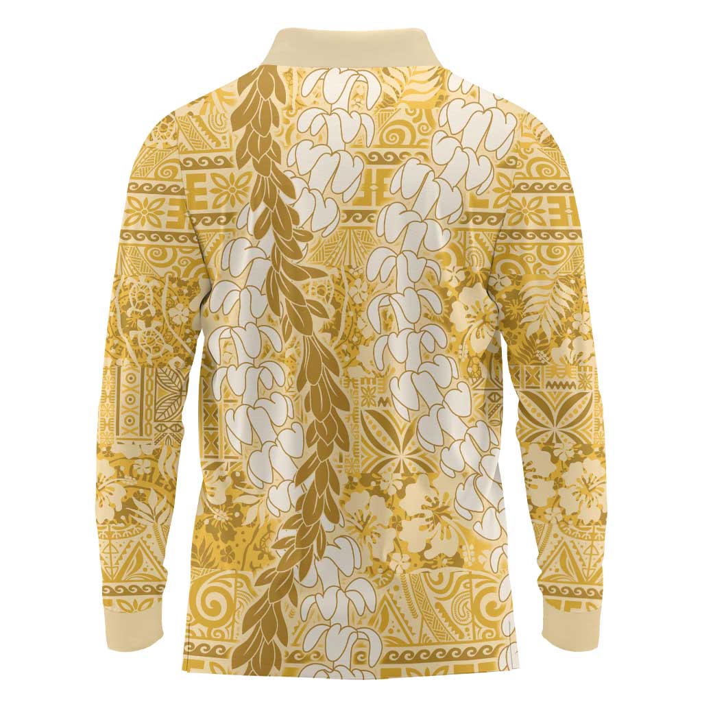 Gold Puakenikeni and Maile Lei Long Sleeve Polo Shirt Hawaiian Style Tribal Tapa Double Strand Lei LT9 - Polynesian Pride