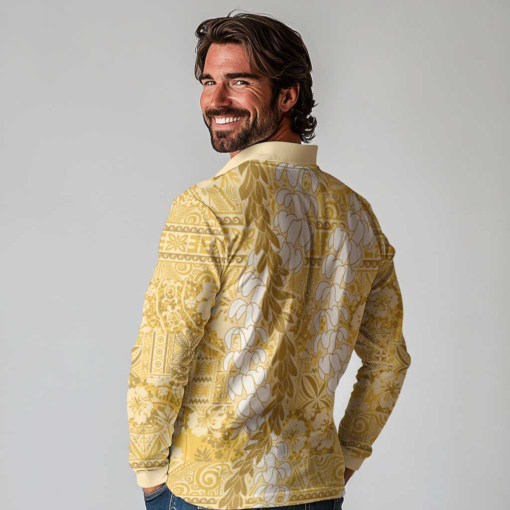 Gold Puakenikeni and Maile Lei Long Sleeve Polo Shirt Hawaiian Style Tribal Tapa Double Strand Lei LT9 - Polynesian Pride