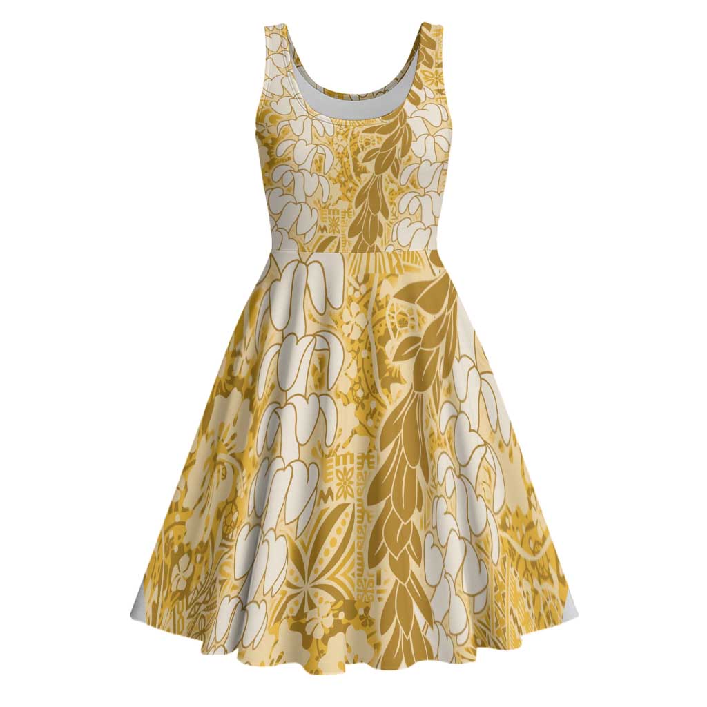 Gold Puakenikeni and Maile Lei Midi Dress Hawaiian Style Tribal Tapa Double Strand Lei LT9 Gold - Polynesian Pride