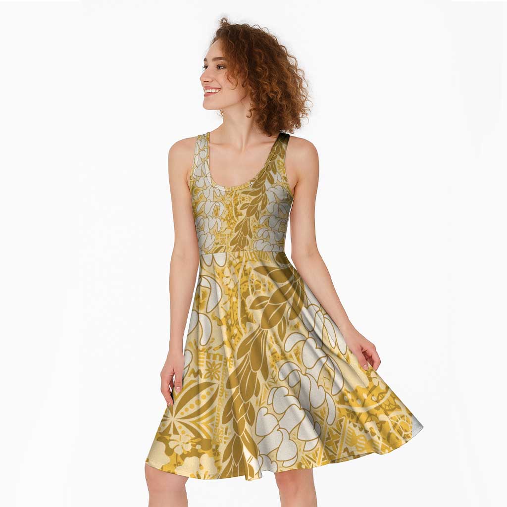 Gold Puakenikeni and Maile Lei Midi Dress Hawaiian Style Tribal Tapa Double Strand Lei LT9 - Polynesian Pride