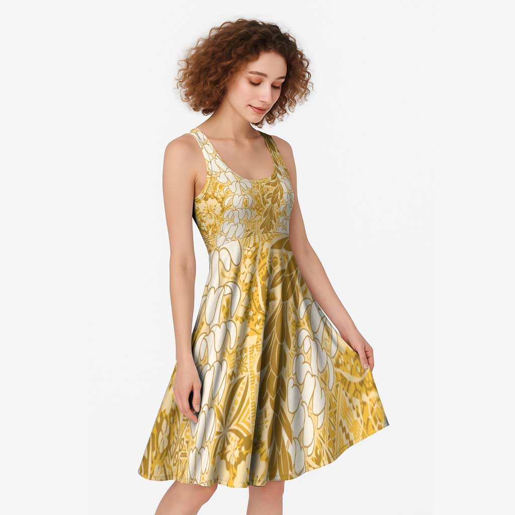 Gold Puakenikeni and Maile Lei Midi Dress Hawaiian Style Tribal Tapa Double Strand Lei LT9 - Polynesian Pride
