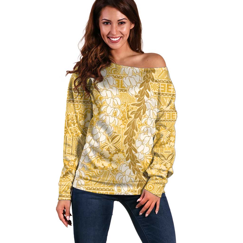 Gold Puakenikeni and Maile Lei Off Shoulder Sweater Hawaiian Style Tribal Tapa Double Strand Lei LT9 Women Gold - Polynesian Pride