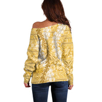 Gold Puakenikeni and Maile Lei Off Shoulder Sweater Hawaiian Style Tribal Tapa Double Strand Lei LT9 - Polynesian Pride