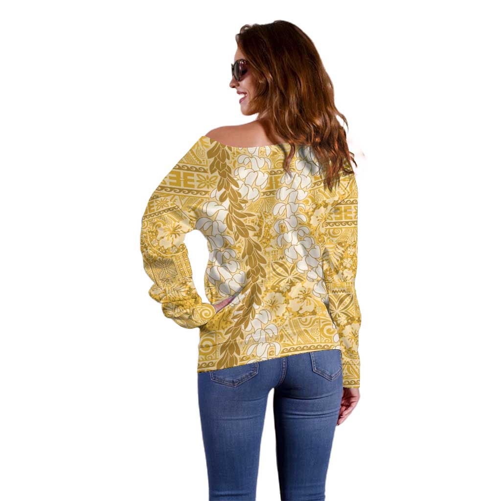 Gold Puakenikeni and Maile Lei Off Shoulder Sweater Hawaiian Style Tribal Tapa Double Strand Lei LT9 - Polynesian Pride