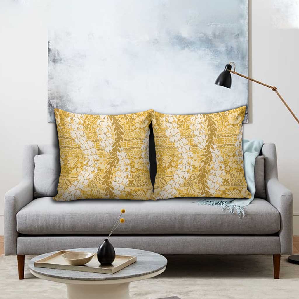 Gold Puakenikeni and Maile Lei Pillow Cover Hawaiian Style Tribal Tapa Double Strand Lei LT9 - Polynesian Pride