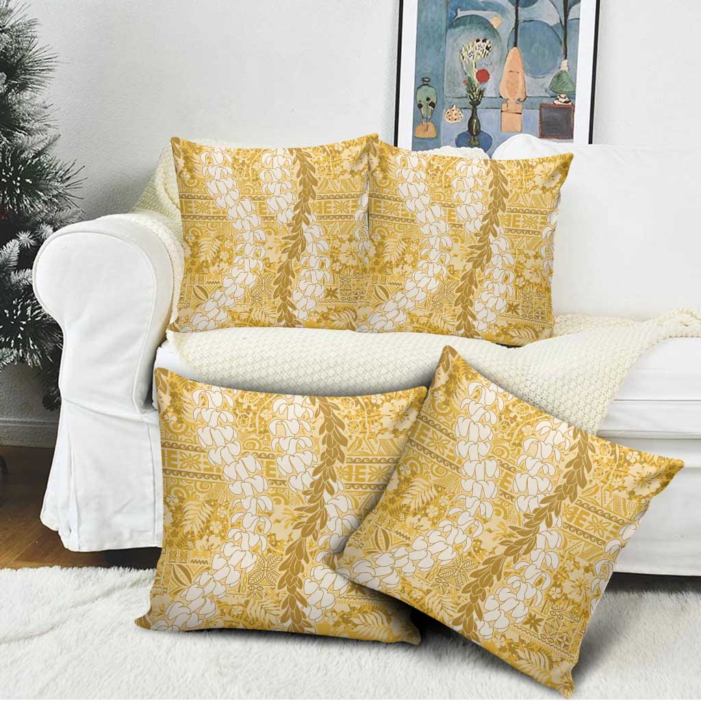 Gold Puakenikeni and Maile Lei Pillow Cover Hawaiian Style Tribal Tapa Double Strand Lei LT9 - Polynesian Pride