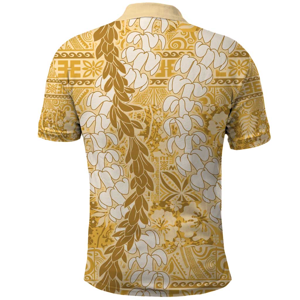 Gold Puakenikeni and Maile Lei Polo Shirt Hawaiian Style Tribal Tapa Double Strand Lei LT9 - Polynesian Pride