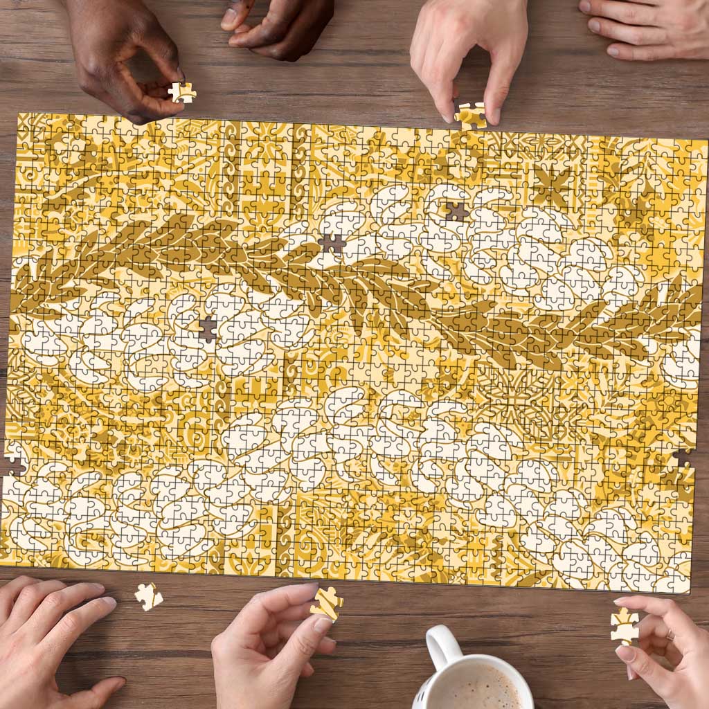 Gold Puakenikeni and Maile Lei Puzzle Hawaiian Style Tribal Tapa Double Strand Lei LT9 - Polynesian Pride