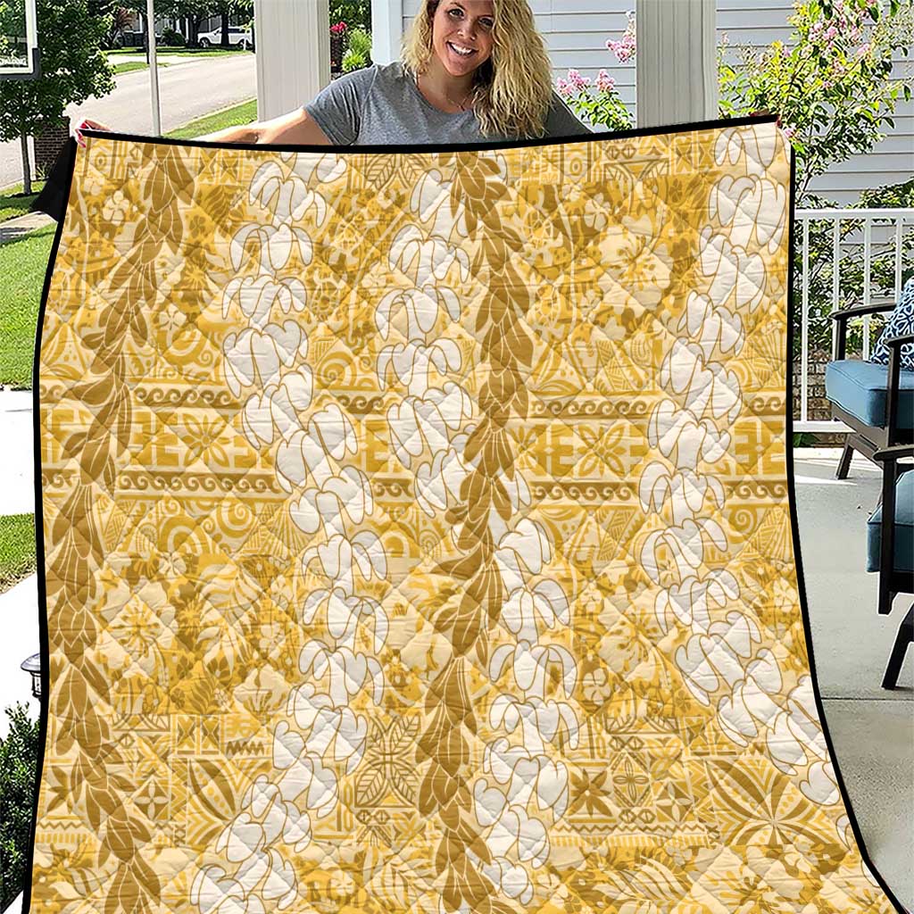 Gold Puakenikeni and Maile Lei Quilt Hawaiian Style Tribal Tapa Double Strand Lei LT9 Gold - Polynesian Pride
