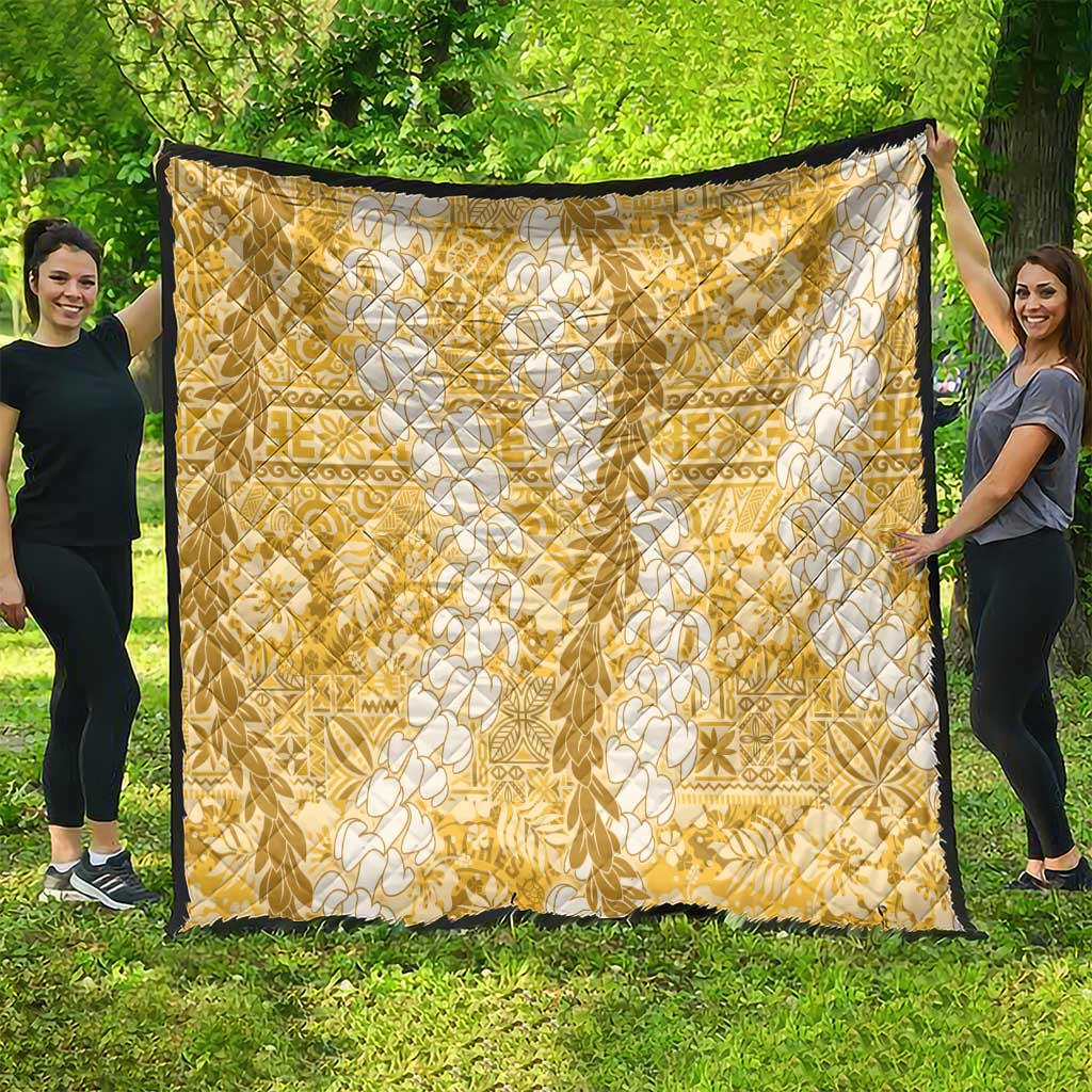 Gold Puakenikeni and Maile Lei Quilt Hawaiian Style Tribal Tapa Double Strand Lei LT9 - Polynesian Pride
