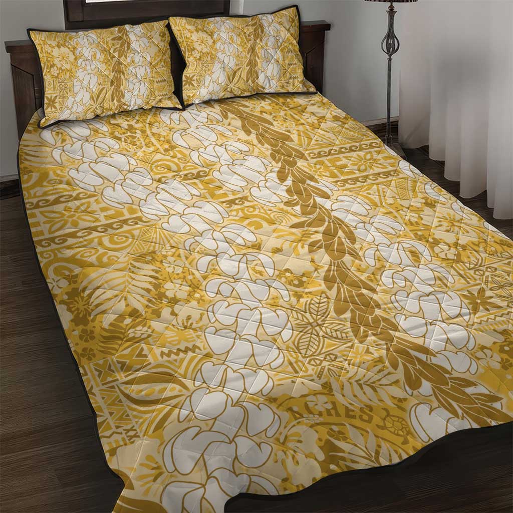 Gold Puakenikeni and Maile Lei Quilt Bed Set Hawaiian Style Tribal Tapa Double Strand Lei LT9 Gold - Polynesian Pride